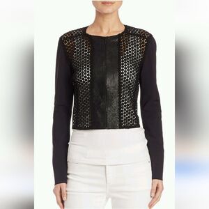 Elie Tahari Pearson Cropped Leather Jacket Mixed Media Size M Black Lace